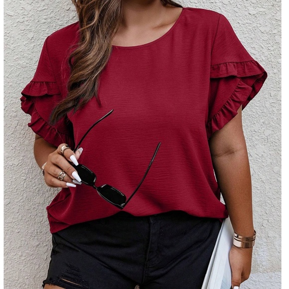 Plus Teal Solid Ruffle Petal Short Sleeve Top - Picture 4 of 15